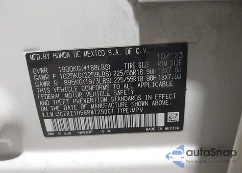2024 Honda Hr-V 2Wd Sport/2Wd Sport W/O Bsi from USA, damaged, VIN 3CZRZ1H58RM729001